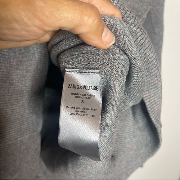 ZADIG & VOLTAIRE Brumy V-Neck Sweater Slub Cotton Gray Size Small - Picture 12 of 12